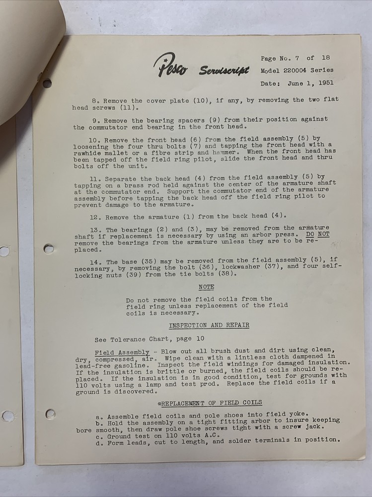 Pesco Servicescript Model 220004 Series Dated June 1, 1951 - Original