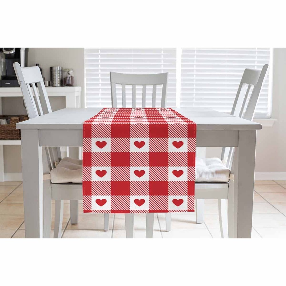 Table Runner Romantic Red Hearts Gingham PatternCotton Linen Table Runner Dec...