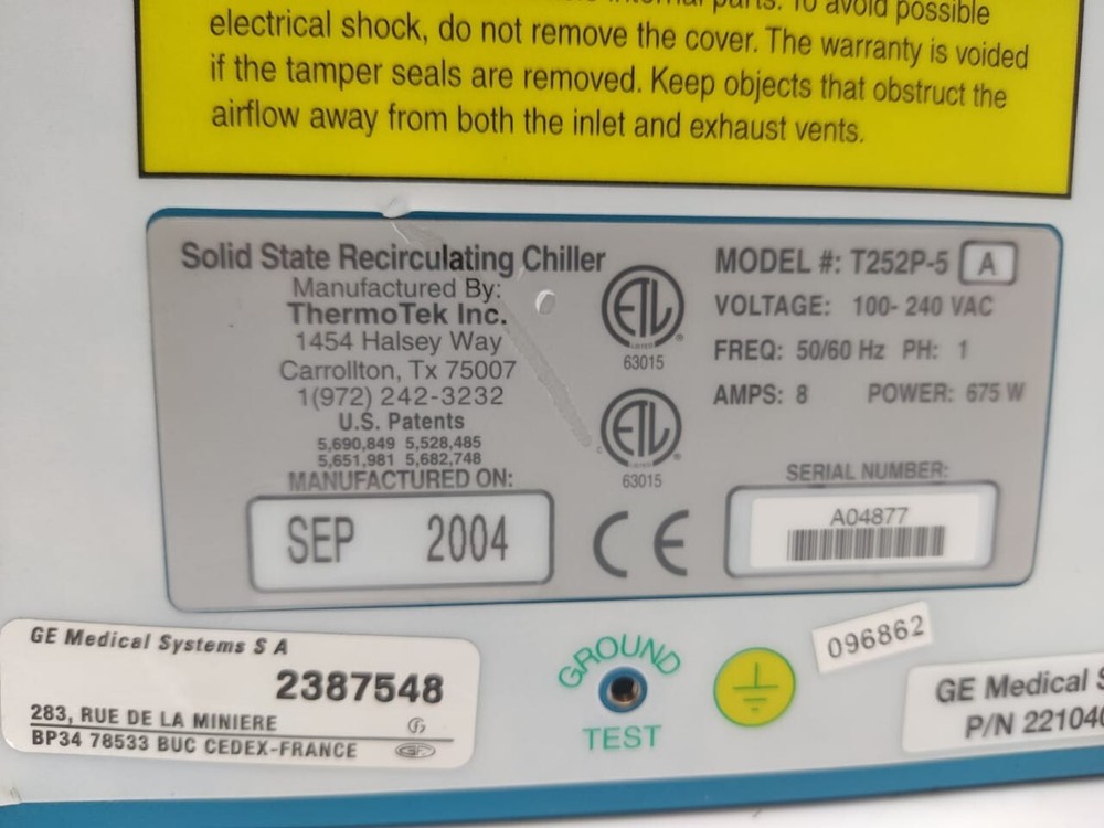 Thermotek inc solid state recirculating chiller T 252P-5 For GE digital