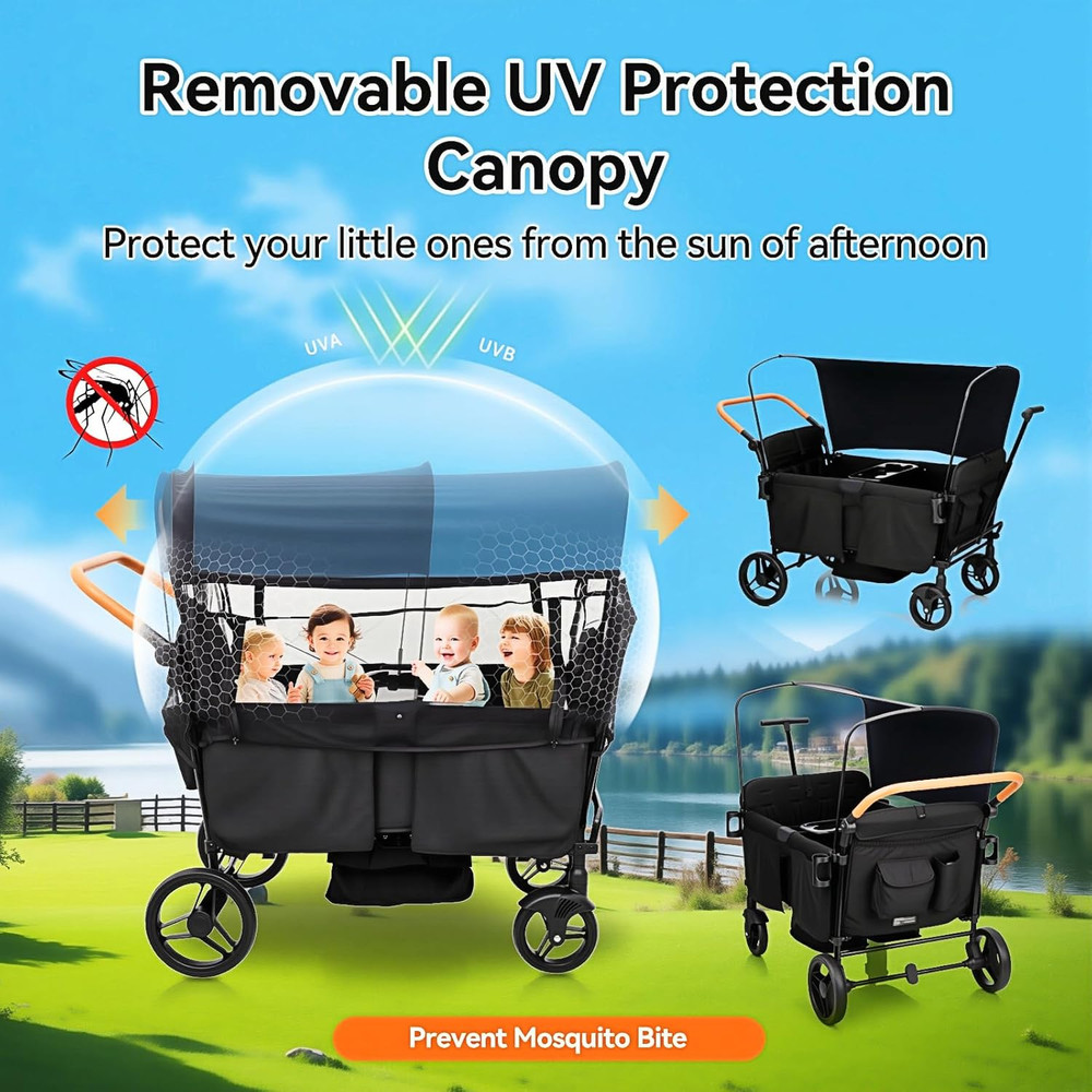 Stroller Wagon for 4 Kids Seated-Tandem Fold Stroller Push-Pull Lightweight Trav