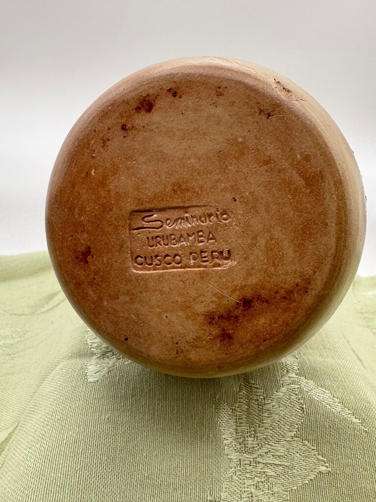 Vintage earthenware Aztec style jar and lid from Peru by renowned pottery studio
