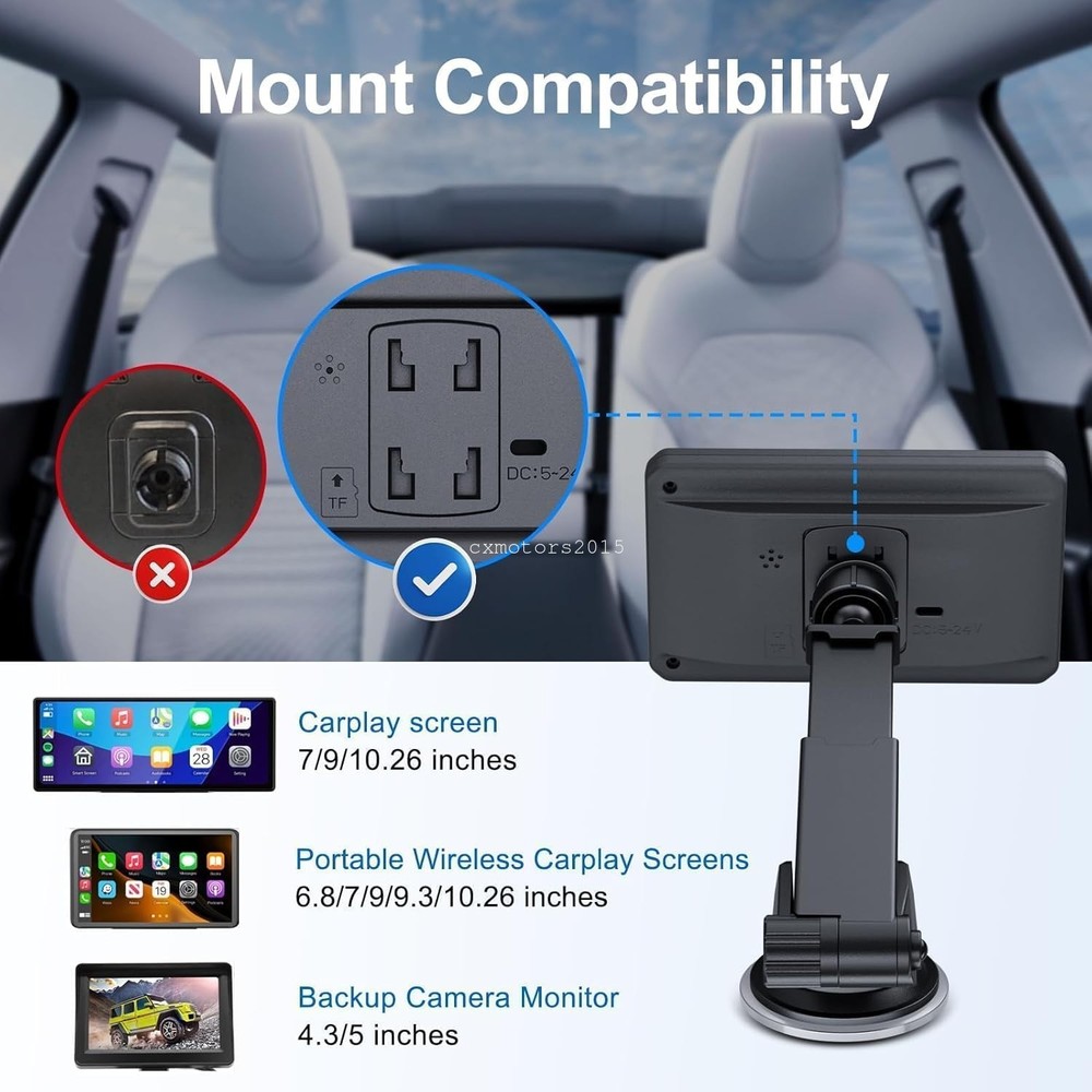 7-11" CarPlay Screen Suction Cup Mount 4-Tab Bracket Windshield Dashboard Holder