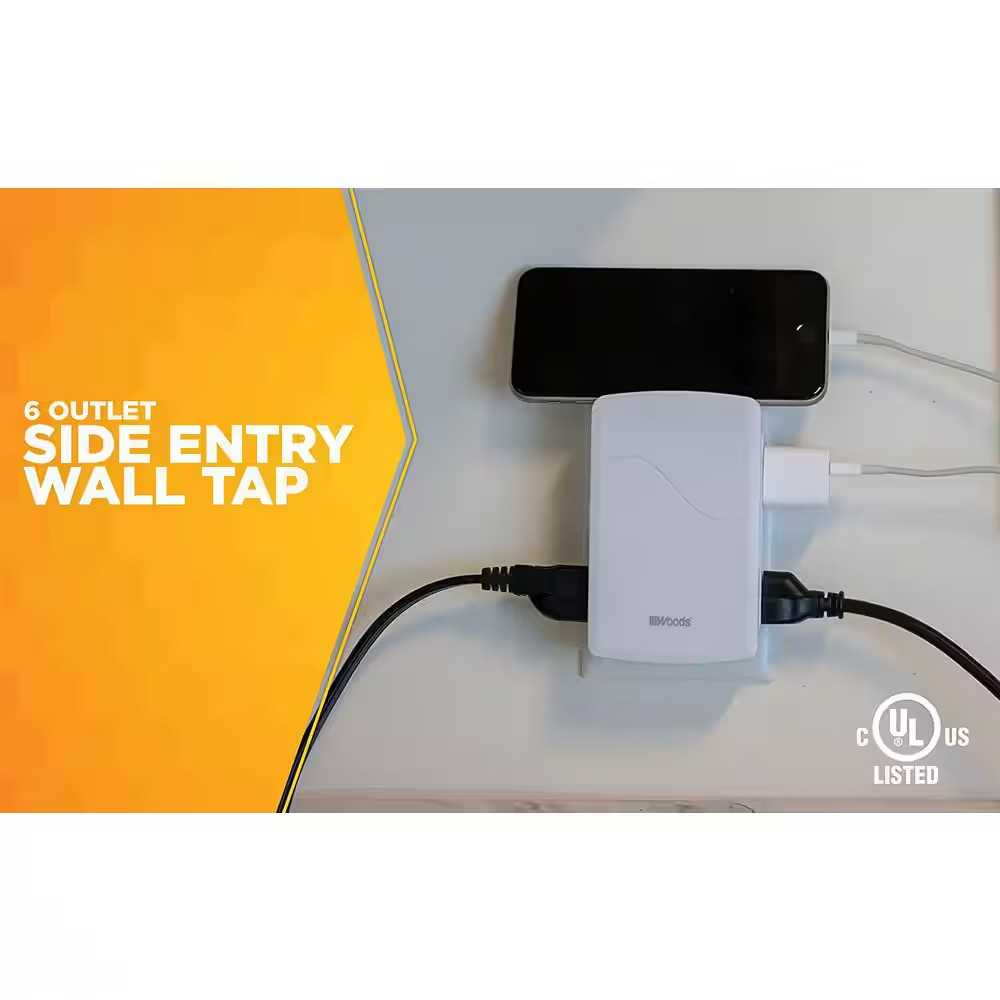 Side Entry Polarized 6-Outlet Wall Tap - White