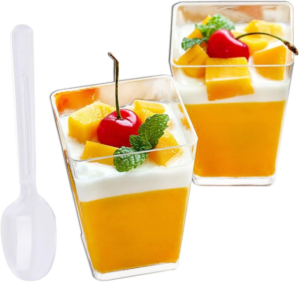 Tall Square Clear Plastic Cups with Spoons, Bulk Party Cups