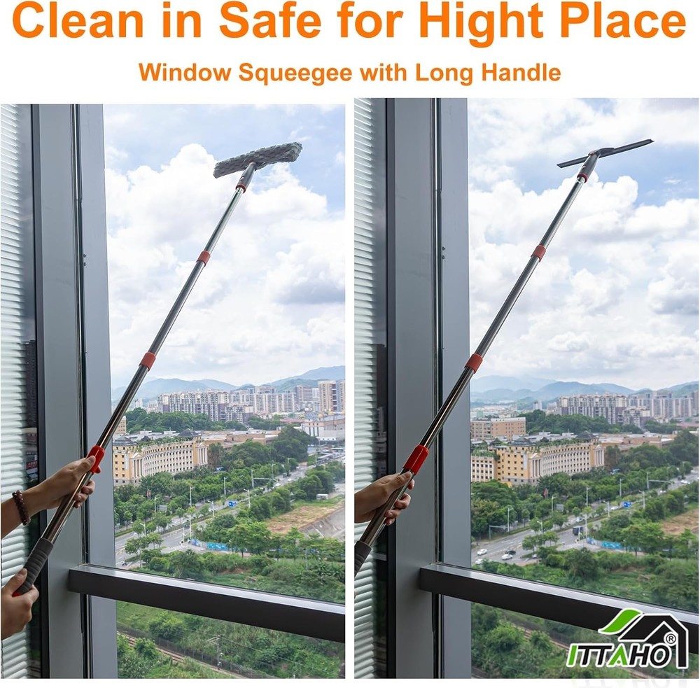 Complete Window Cleaning Kit: 12" Squeegee, 11" Microfiber Pad & Extendable Pole