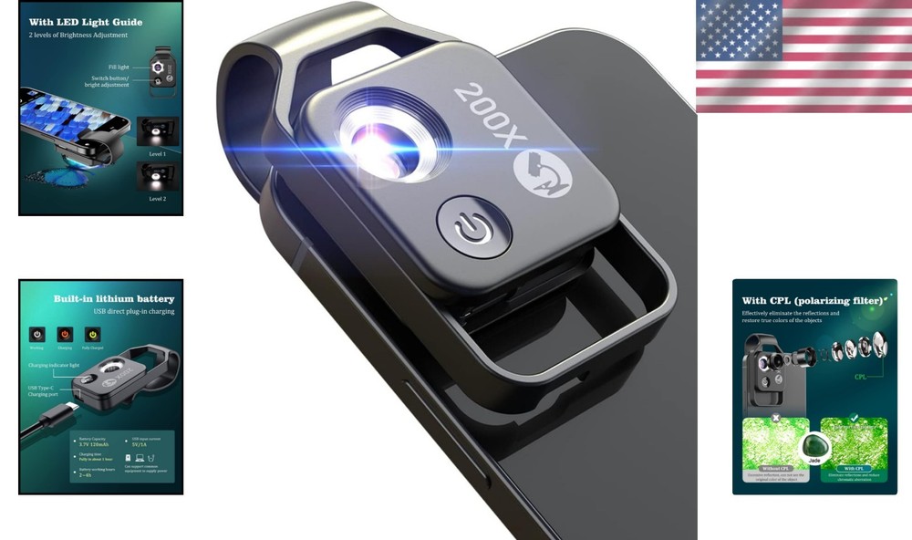 LED-Illuminated 200X Phone Microscope Camera Attachment - Gift for Curious Minds