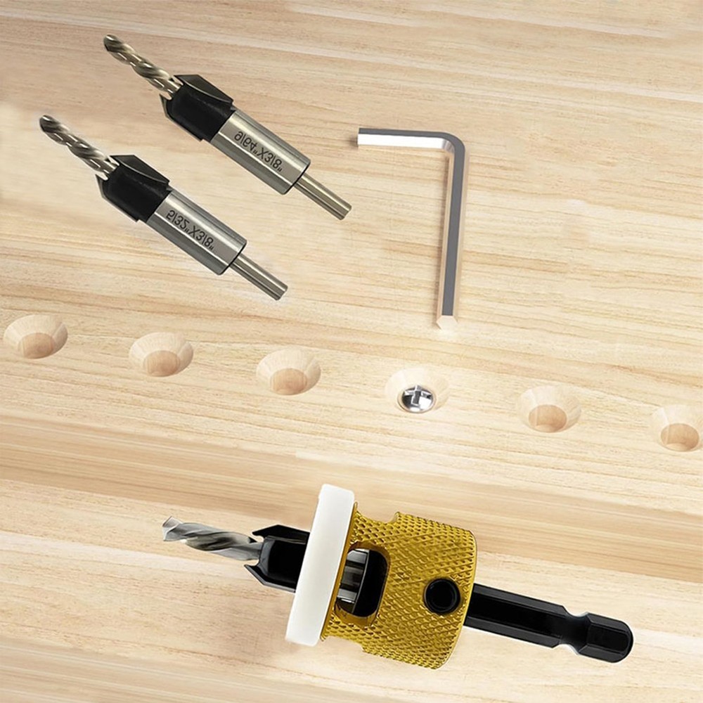 Replaceable Countersink Drill Bits Set of 3 with Adjustable Depth Feature