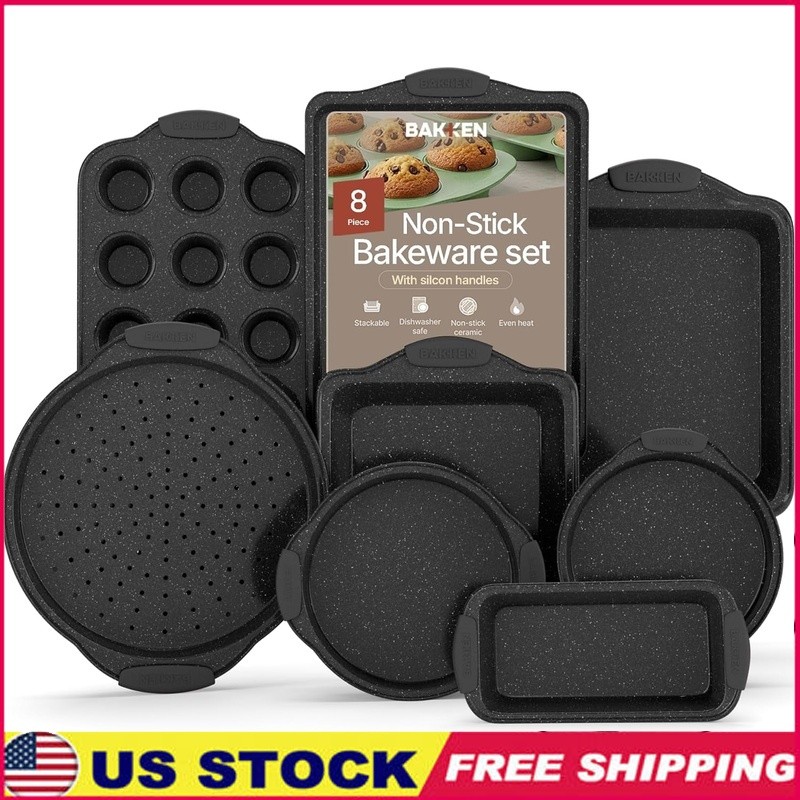 Nonstick Carbon Steel 8-Piece Bakeware Set Stackable Oven Safe Baking Pans New