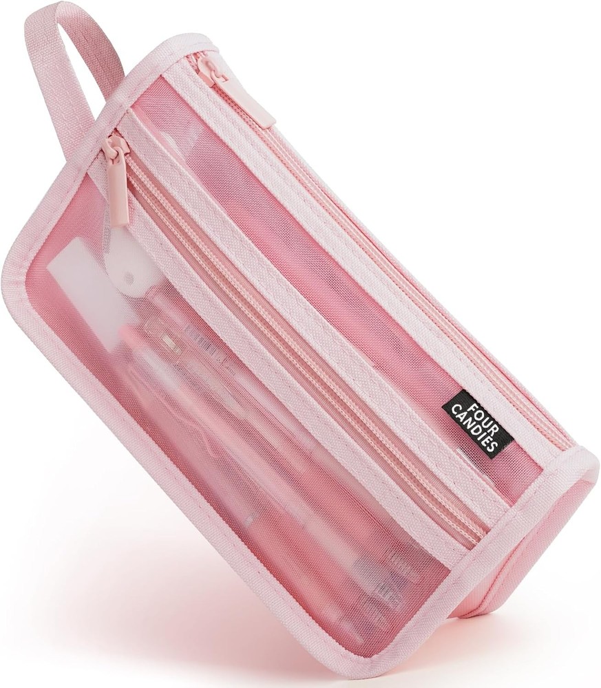 Grid Mesh Pencil Case with Handle and Zipper, Clear