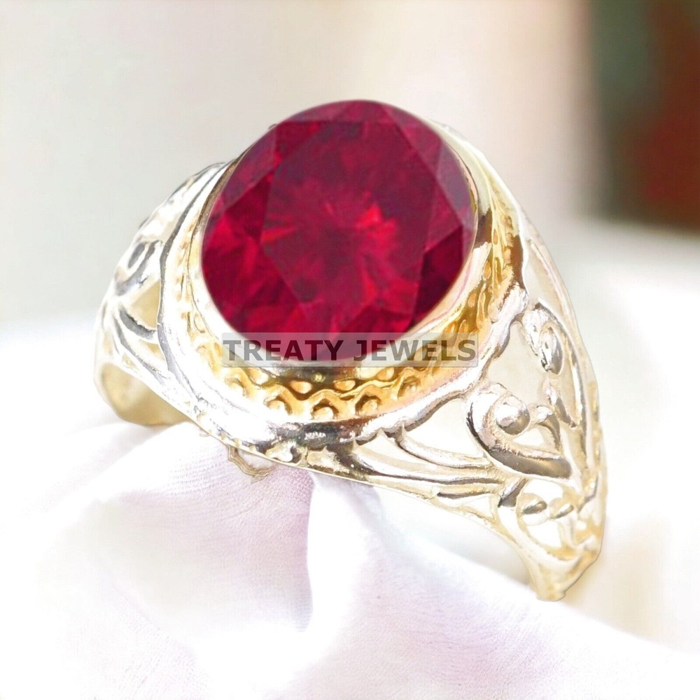 Ruby Oval Cut Gemstone With 14K Solid White Gold Ring For Men's #A519