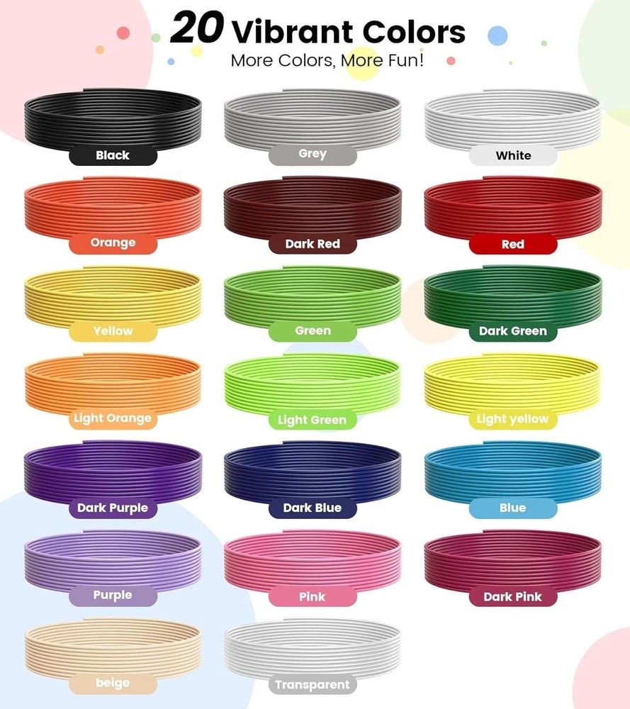 1.75mm 3D Pen Filament Refills Compatible with SCRIB3D 260 ft, 20 Colors