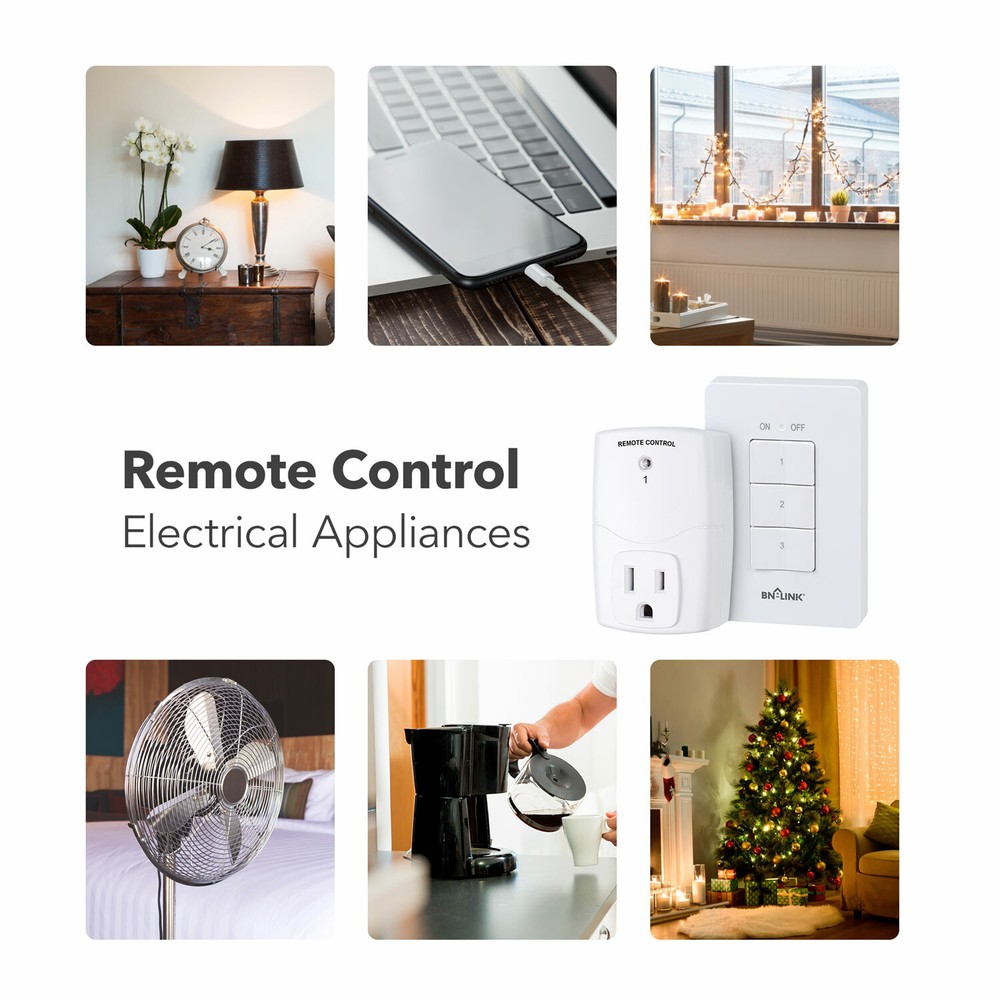 BN-LINK Wireless Wall-Mounting Remote Control Outlet Switch Power Plug In White