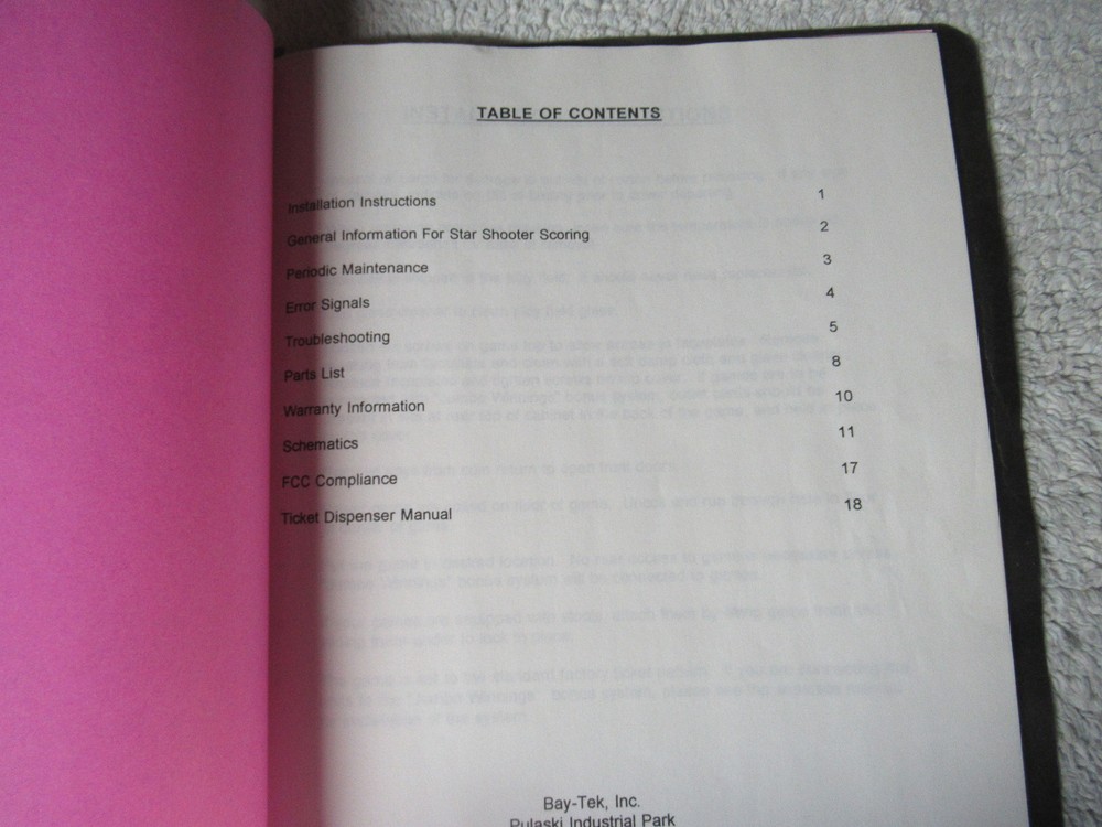 STAR SHOOTER BAY TEK arcade game manual