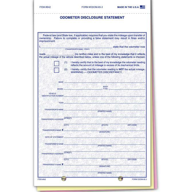 ODOMETER DISCLOSURE STATEMENT / 3 PART - QTY. 100 / Item #: ODOM-65-3