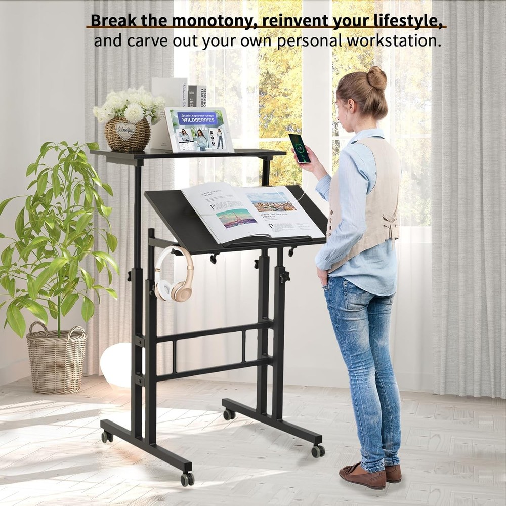 Mobile Standing Desk W/ Charging Station Adjustable Standing Computer Desk