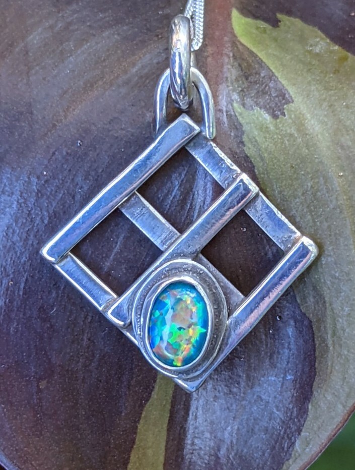 Colourful Synthetic Opal Sterling Silver Hand Made Necklace .A18b