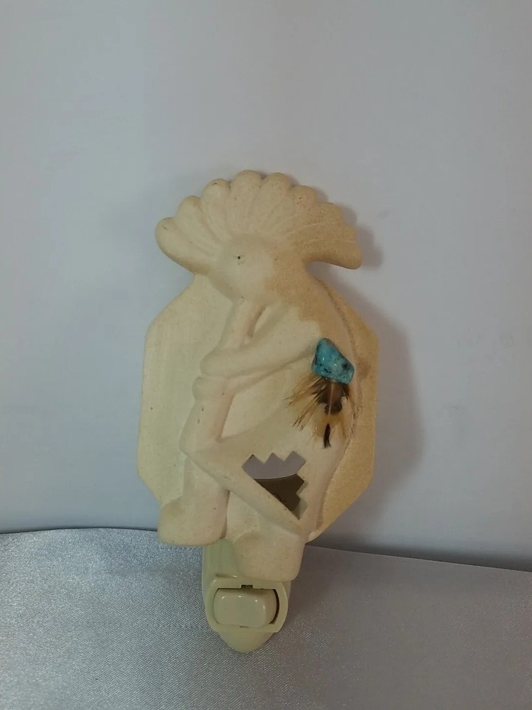 Kokopelli Plug-In Night Light Ceramic with Feather & Stone Southwest Home Decor