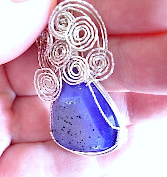Wire Wrapped Sterling Silver Pendant Blue Druzy Agate Gemstone Cabochon