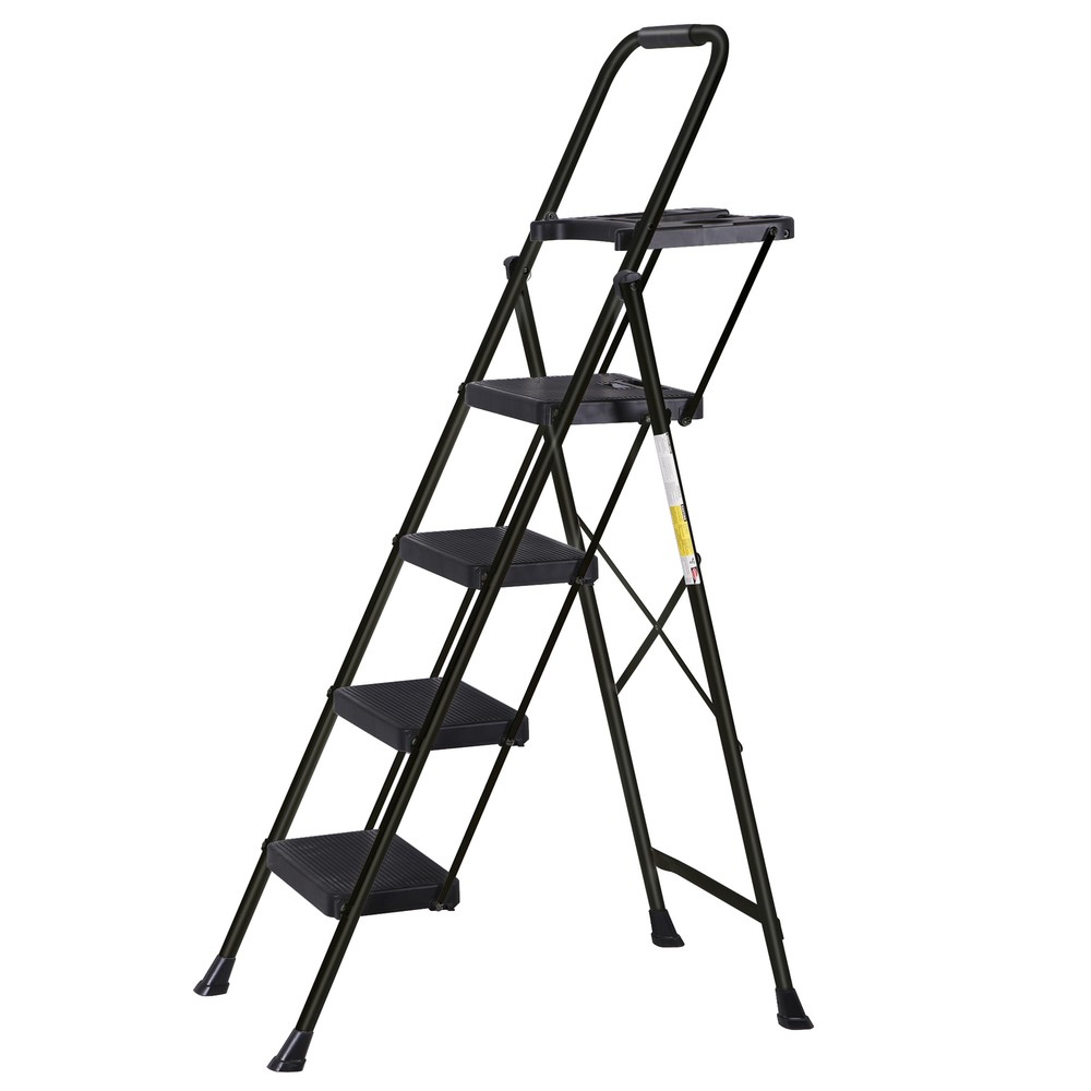 Step Ladder 4 Step Folding Black 330 Lbs Max Load Ladder Folding W/ Work Tray