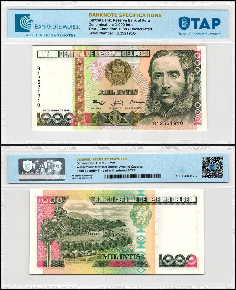Peru 1000 Intis, 1988, P-136b.2, UNC, TAP Authenticated