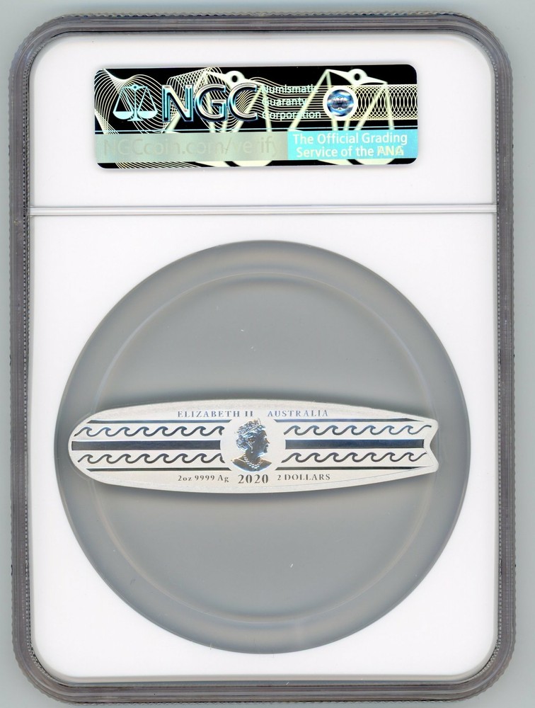 2020P Australia Surfboard 2oz Silver Coing $2 NGC MS70