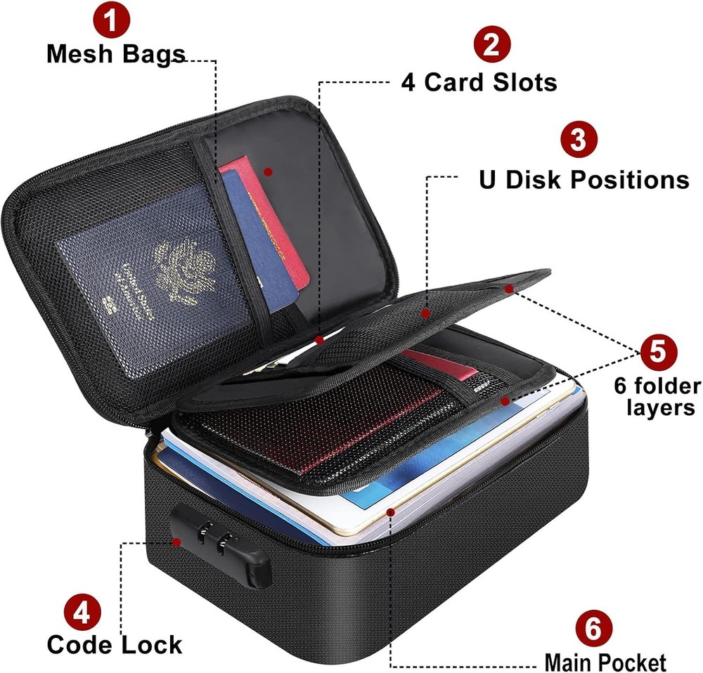 Organizer Case Fireproof Document Bag with Lock (9”x 5.3”x 3.7”), 3-Layer.