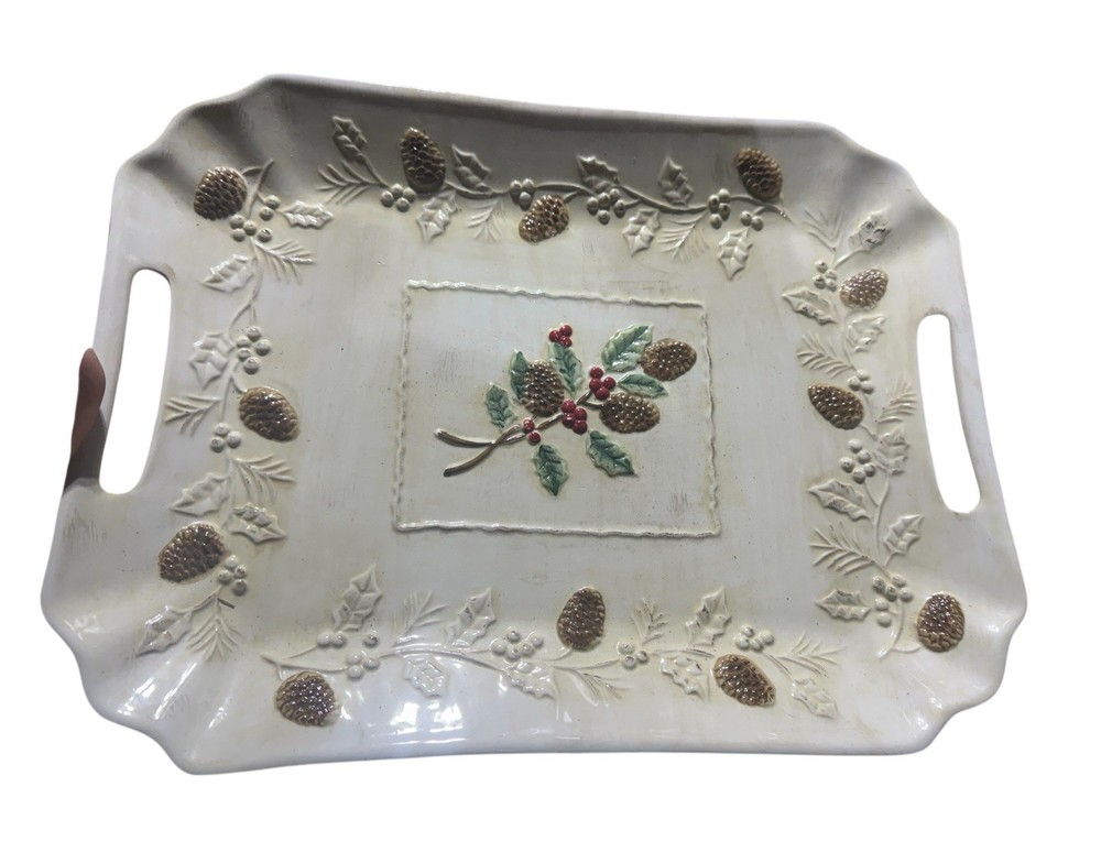 Holiday Ceramic Serving Tray Pinecone Holly Embossed Rectangular Handled Platter