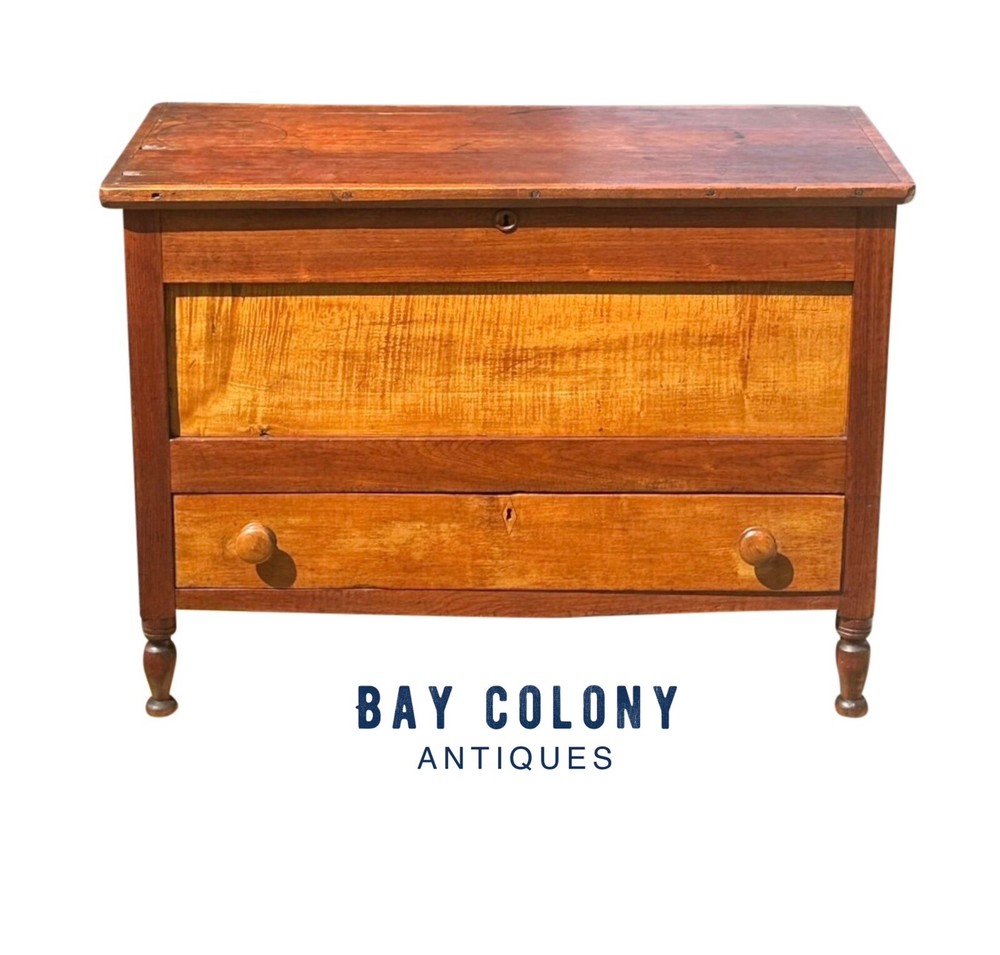 ANTIQUE SOUTHERN WALNUT & TIGER MAPLE RAISED PANEL BLANKET CHEST ON TURNED LEGS
