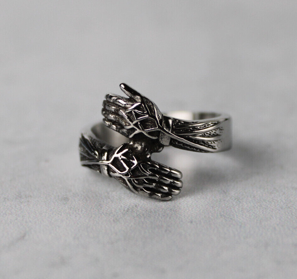 Silver Stainless Steel Hug Ring Vintage Hugging Hands