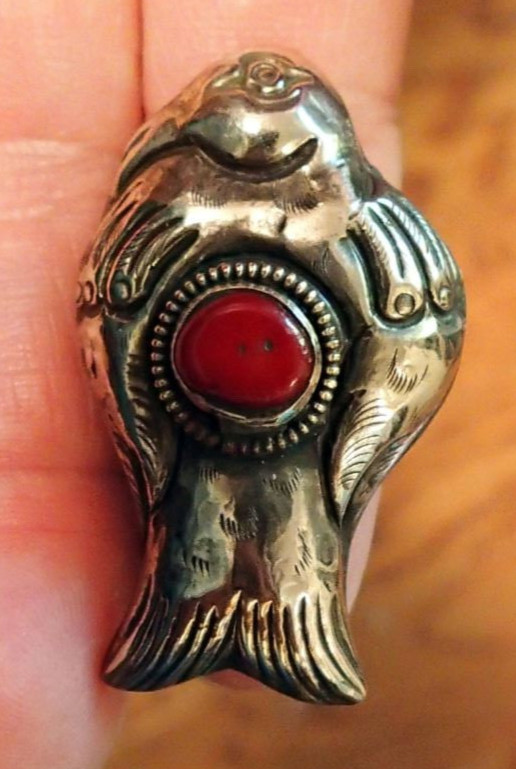 Tibetian Silver Bird Coral Ring  adjustable fit