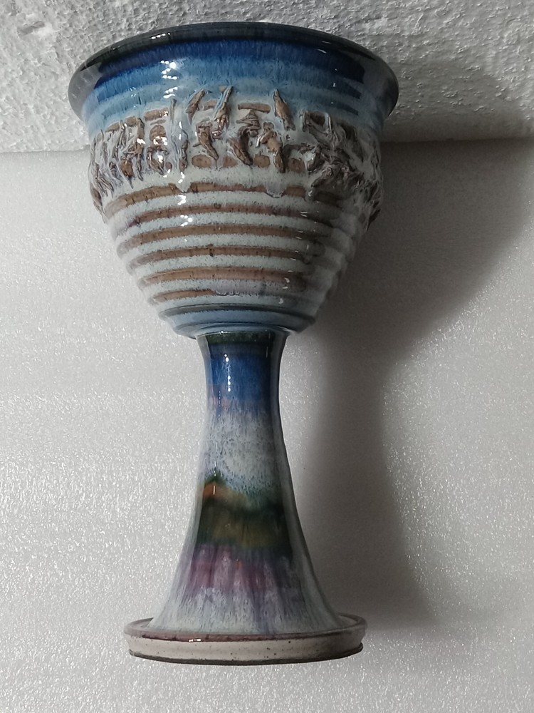 Ceramic Stoneware Chalice & Paten Set Scripture/Crown Thorns Pastel Blue Signed