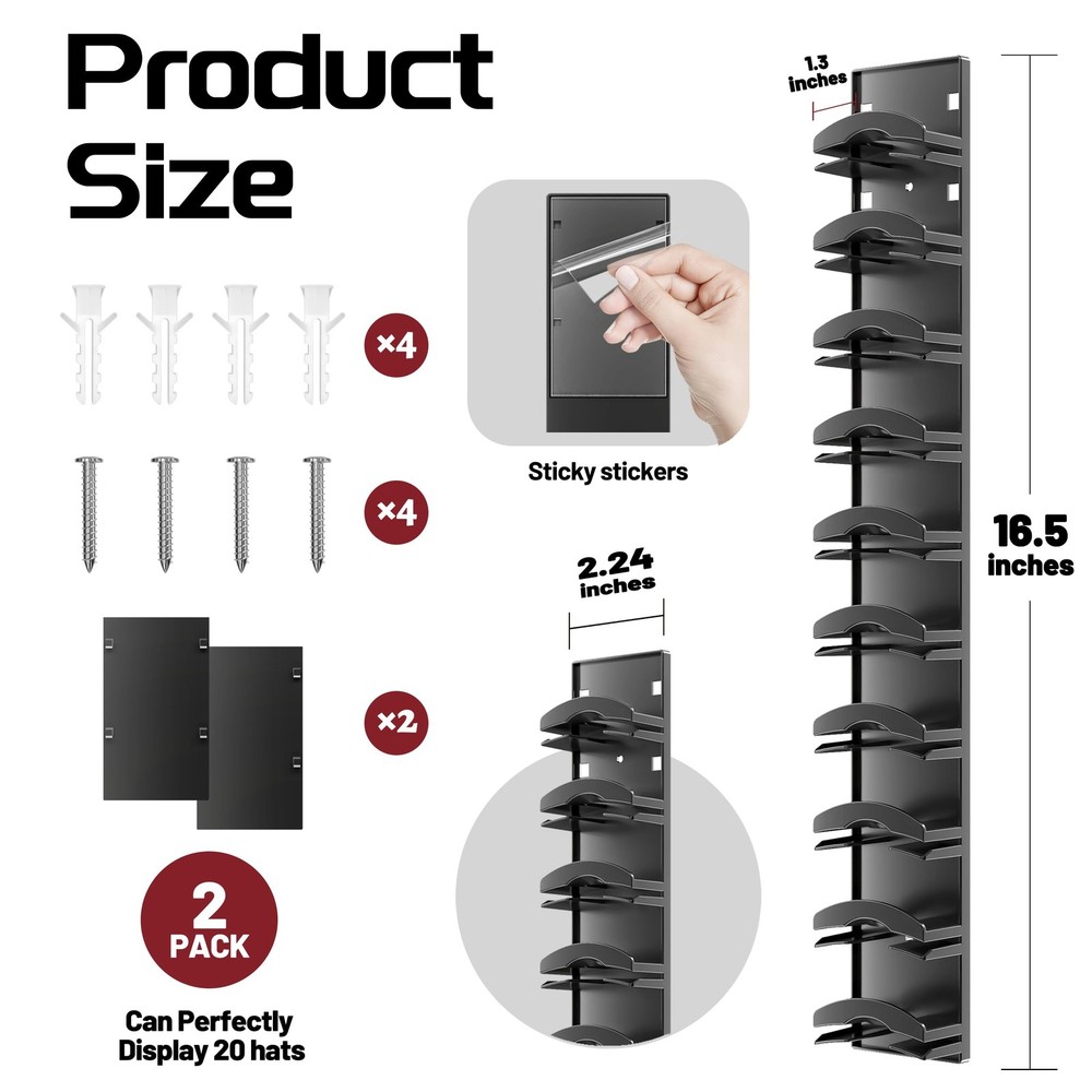 2 Pack Hat Organizer for Wall Holds 20 Baseball Caps Black