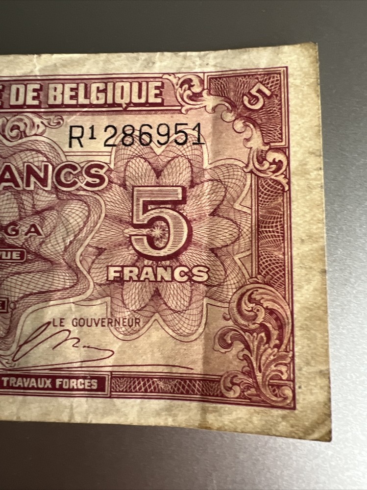 1943 Belgium 5 Francs Banknote Circ