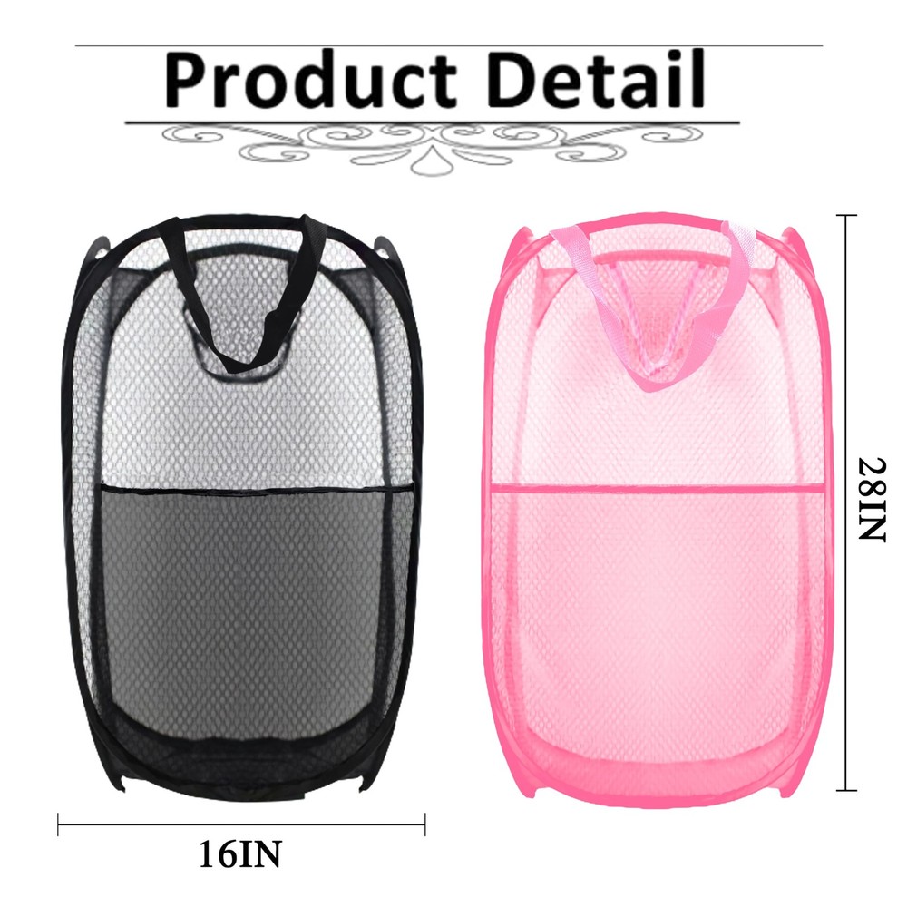 Collapsible Pop Up Laundry Hamper, Mesh Foldable Extra Large, 2P Black+Pink