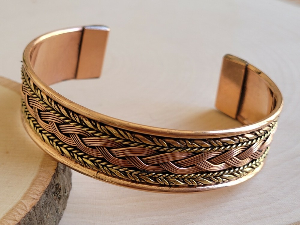 Solid Copper 2 Tone Wide Bangle Cuff - Copper Braided Cuffed Bracelet