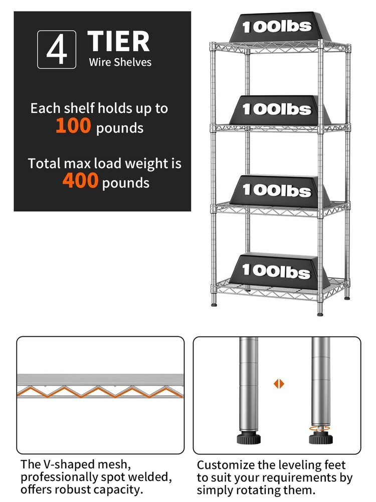 4 Tier Shelf Adjustable Storage Shelf Wire Shelving 400LBS Load Capacity Meta...