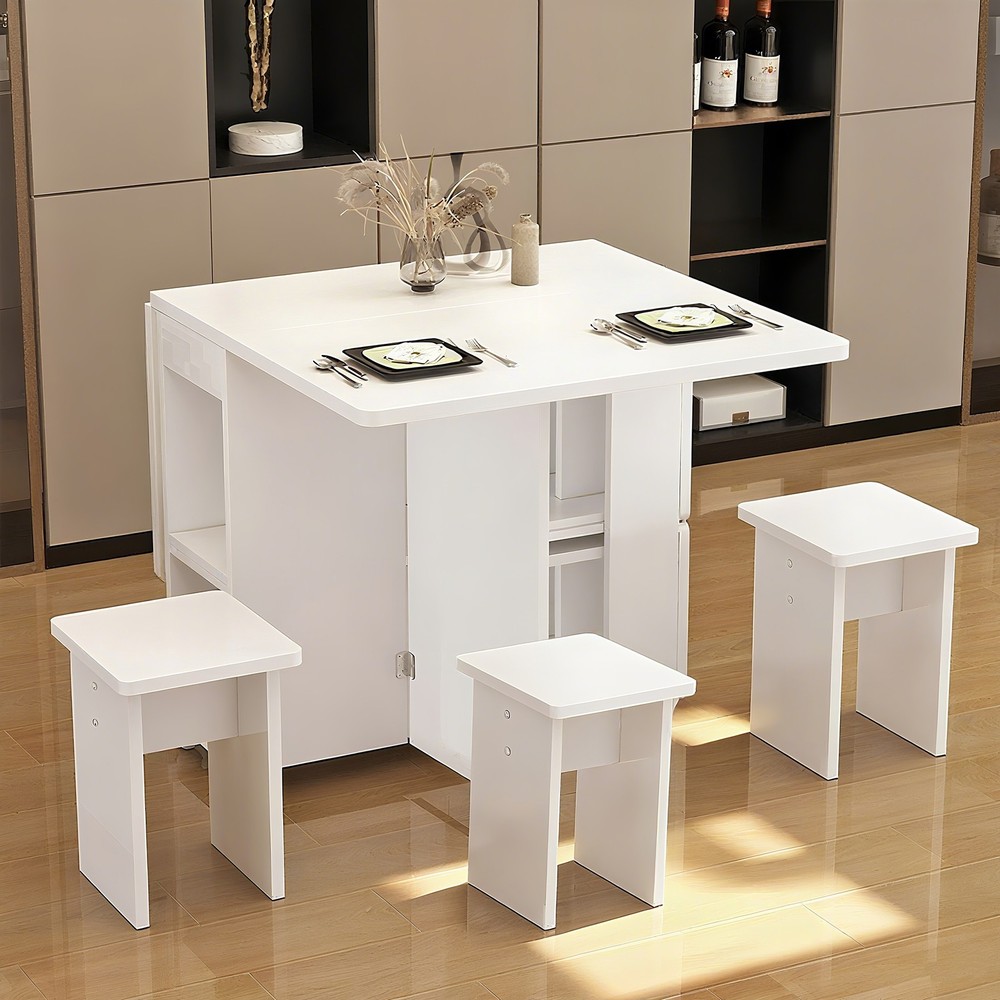 Folding Dining Table Set 4 Chairs, Space Saving with Storage & Wheels, White