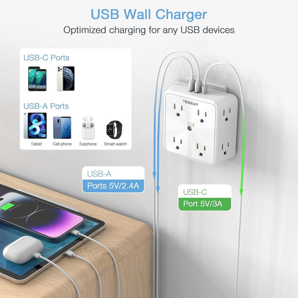 8 Outlets Extender Multi Plug Wall Adapter Surge Protector 1700J Wall Socket