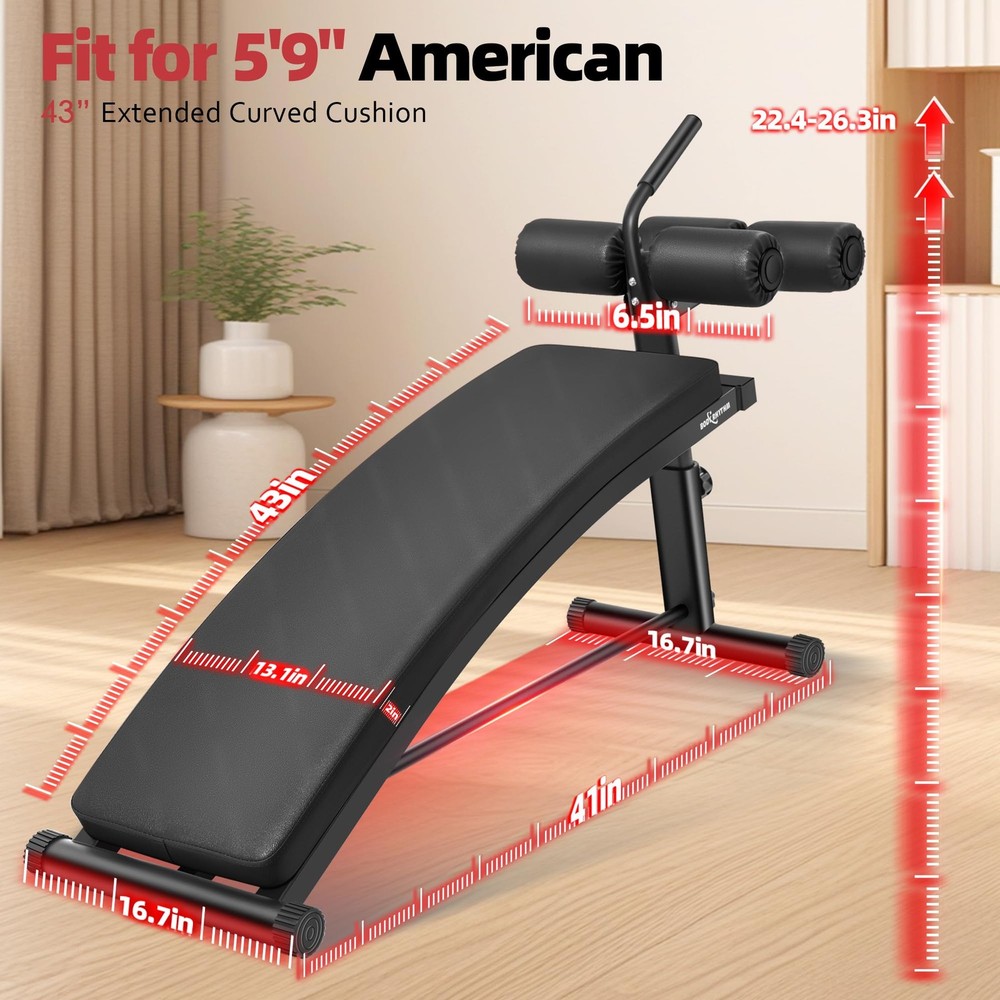Sit Up Bench with 4 Adjustable Heights and Reverse Crunch Handle, Curved Ab Work