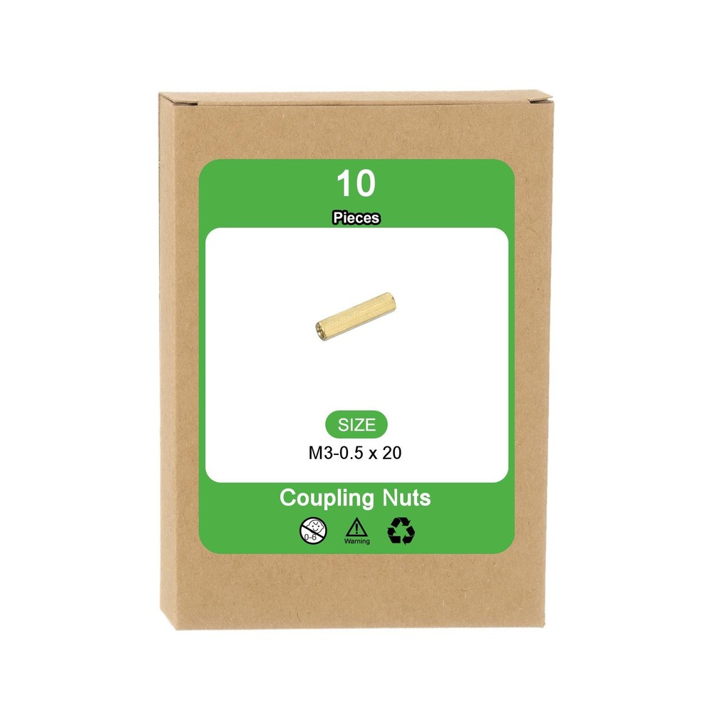 M3x0.5mm Coupling Nut, 10Pcs Brass Hex Coupling Nut 20mm, Gold