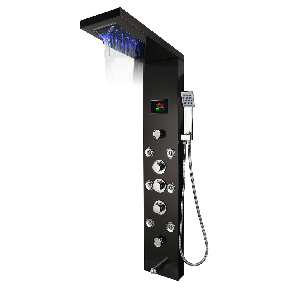 Black Shower Panel LED Rainfall Spout Hand Held Sprayer Mixer Massage Jets Tap