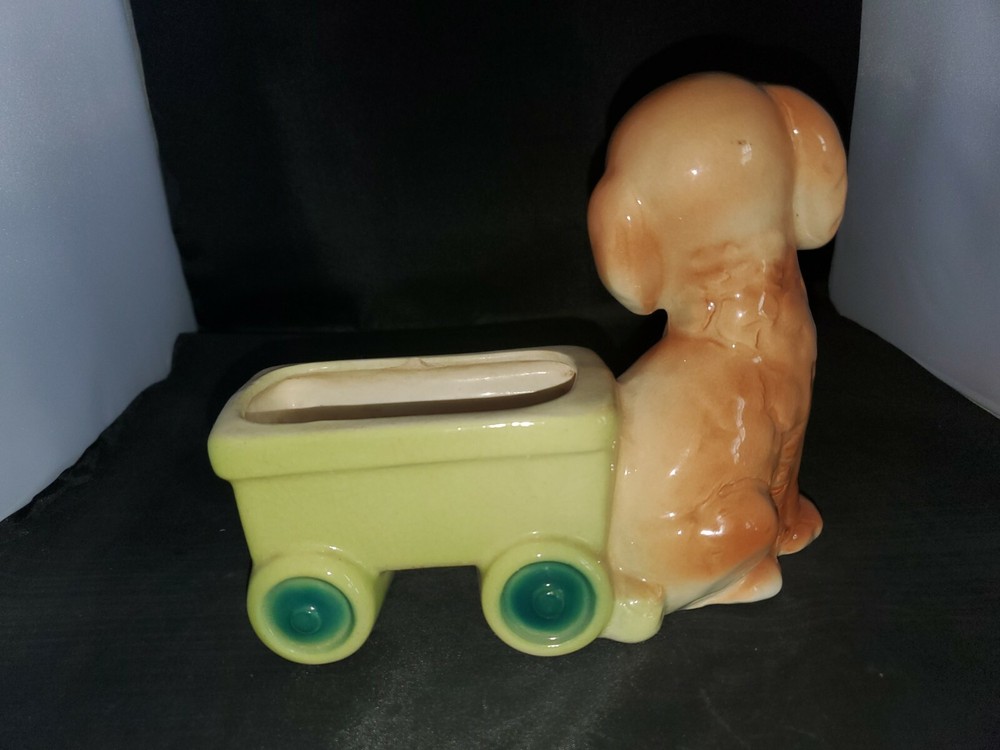 Royal Copley Terrier With Green Flyer Wagon Planter