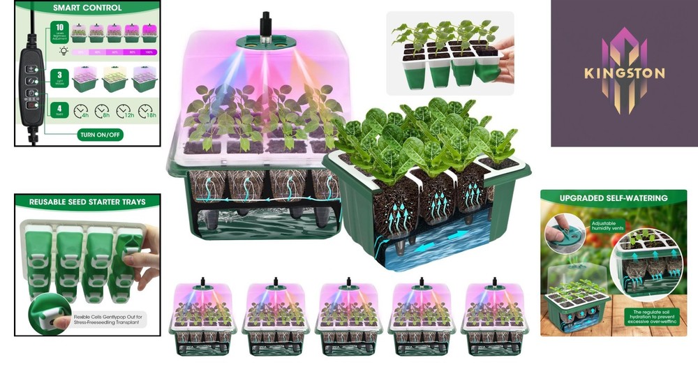 Reusable 60 Cell Seed Starter Tray Set with Adjustable Light and Humidity Dome