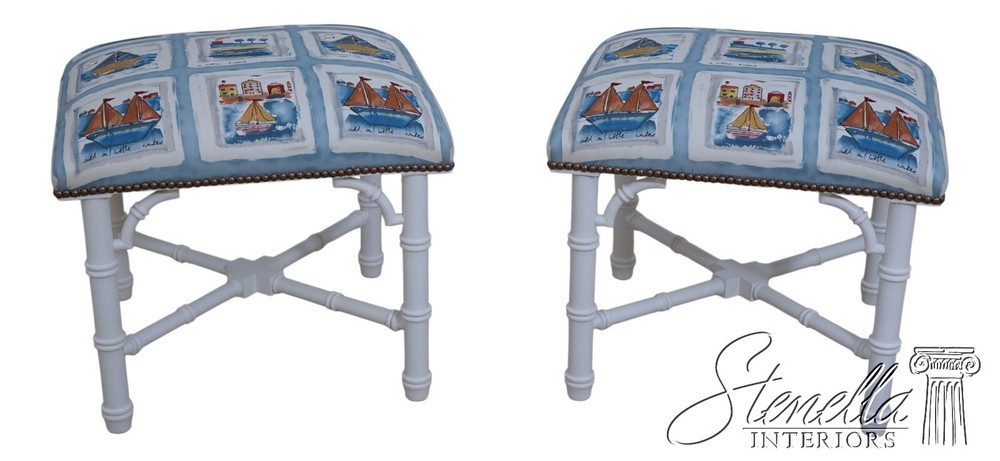 66108EC: Pair Nautical Newly Upholstered Bamboo Form Stools