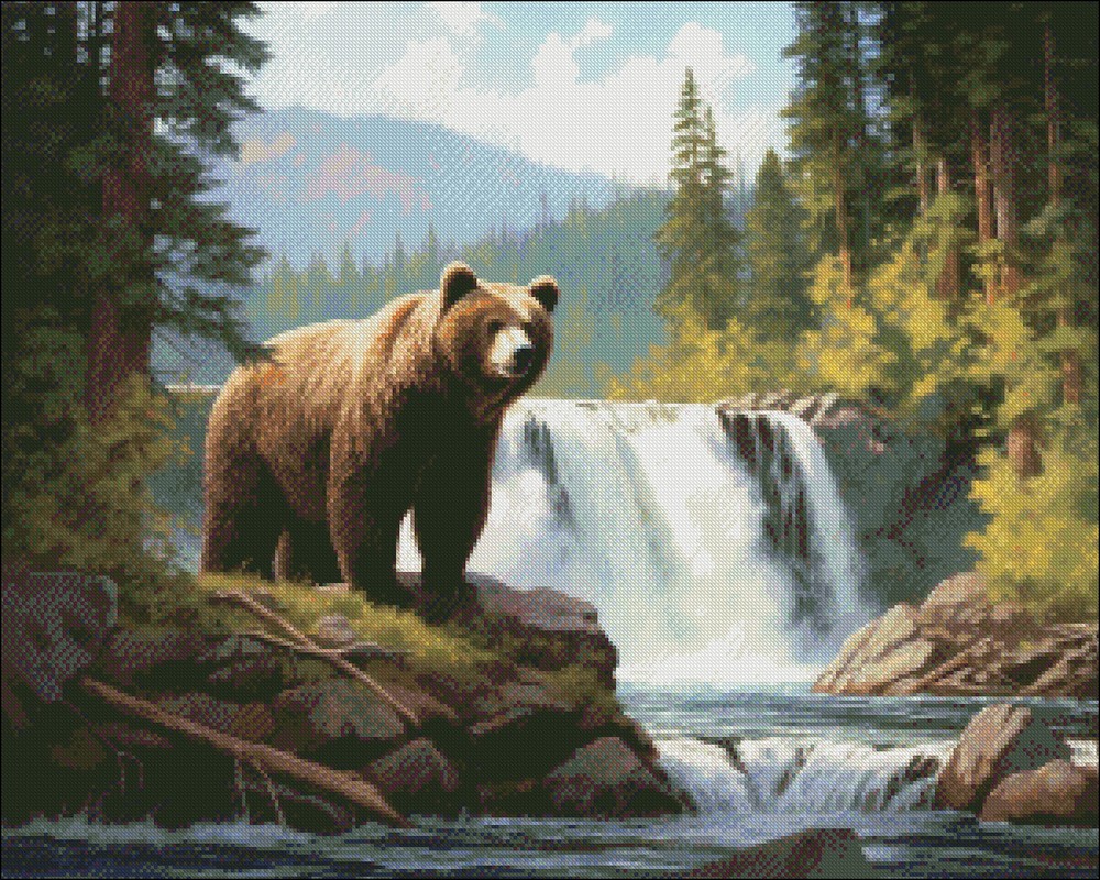 Bear and Waterfall - Chart Counted Cross Stitch Patterns Needlework DMC Color