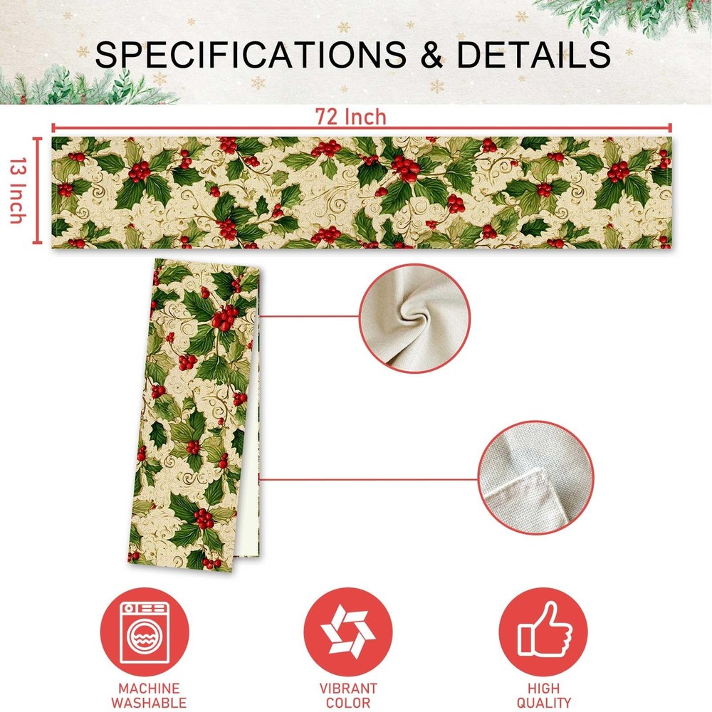 Christmas Table Runner Holly Berry Kitchen Dining Table Decor, Xmas Table Run...