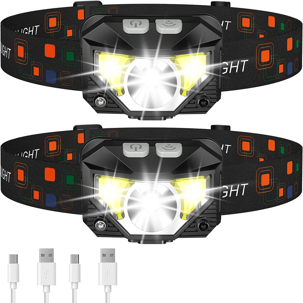 Rechargeable LED Headlamp Flashlight with Motion Sensor - 2-Pack