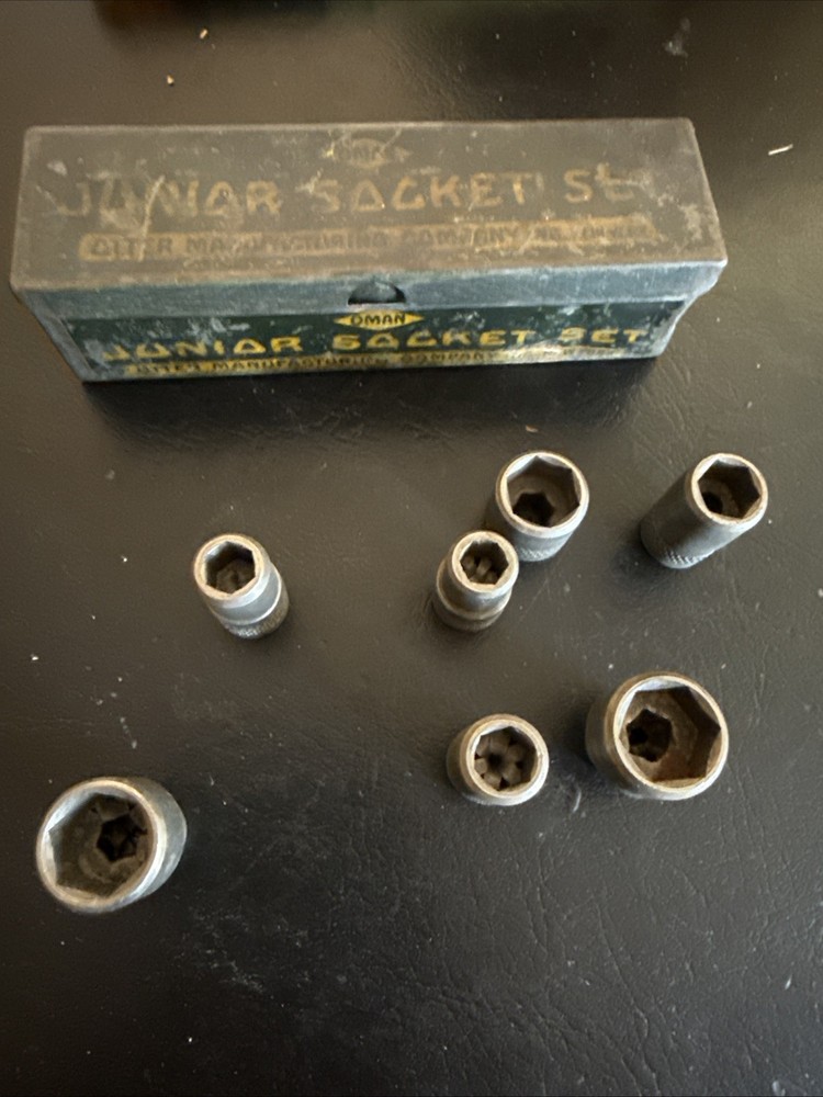 Vintage Small Green Metal Tool Box Assorted Sockets Collector