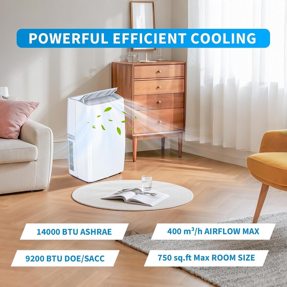 14000 BTU Portable Air Conditioner for 750 Sq Ft w/Remote Control, Low Noise