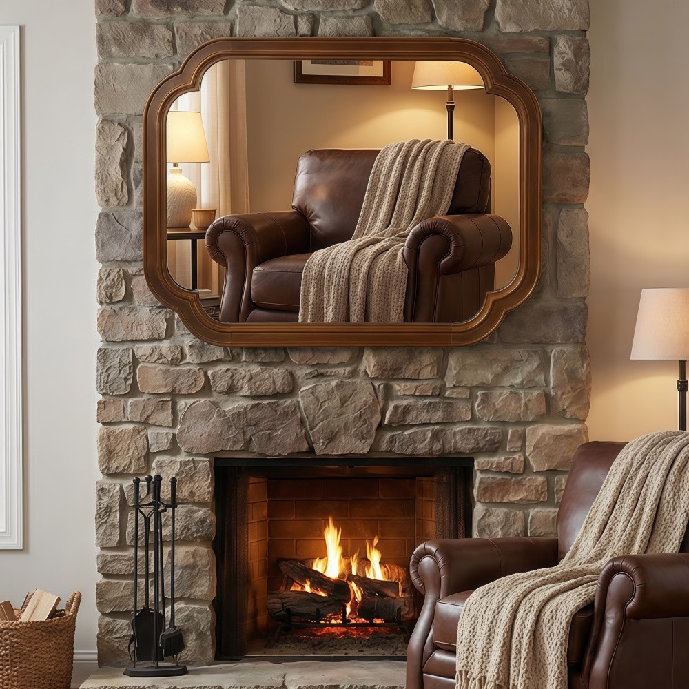24x36 Solid Walnut Wall Mirror with Tempered Glass, Round Corner Art Deco